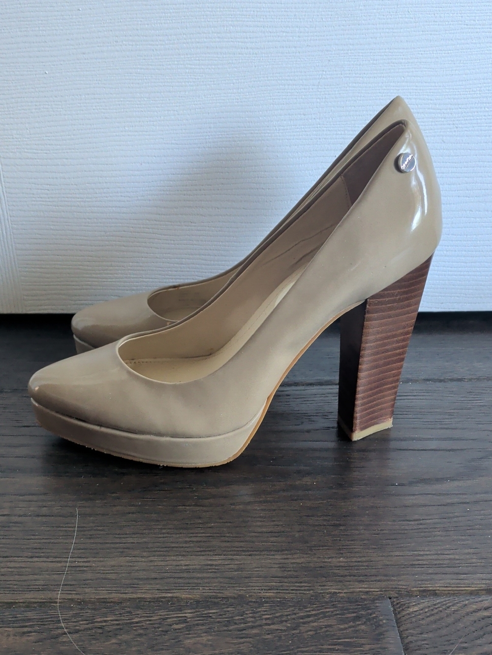 Calvin Klein Patent Platform High Heel Pumps in Beige